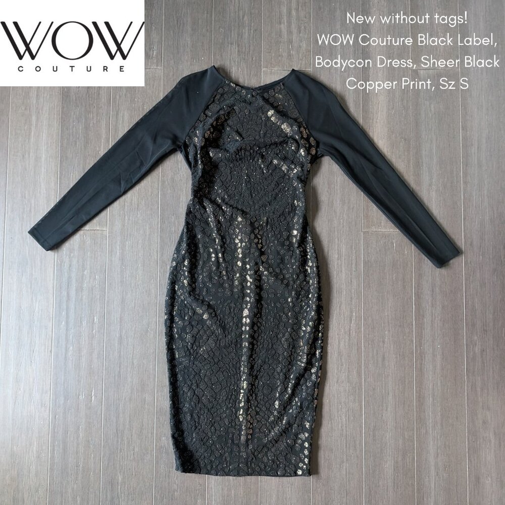 WOW Couture Black Label, Bodycon Dress, Sheer Black Copper Print, Sz S, NEW